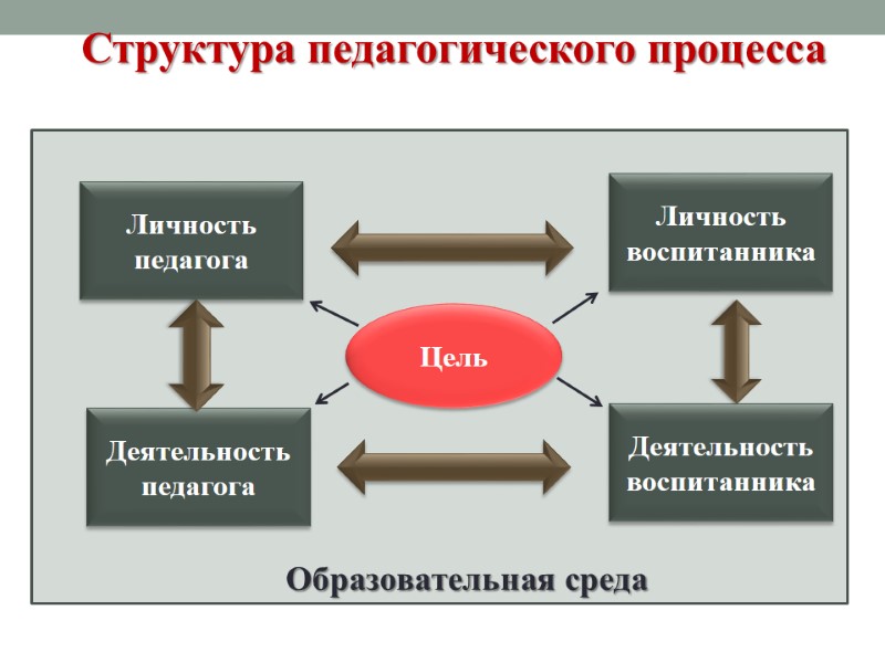 Структура педагогического процесса Личность педагога Деятельность воспитанника Деятельность педагога Личность воспитанника Цель Образовательная среда
